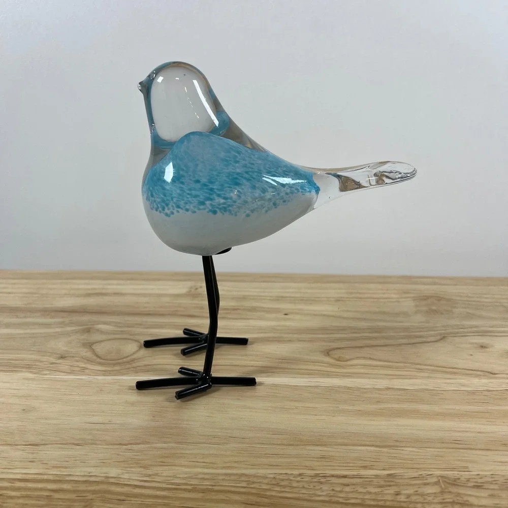 Art Glass Bird Figurine Blue White Mottled Glass with Black Metal Legs‎ Decor